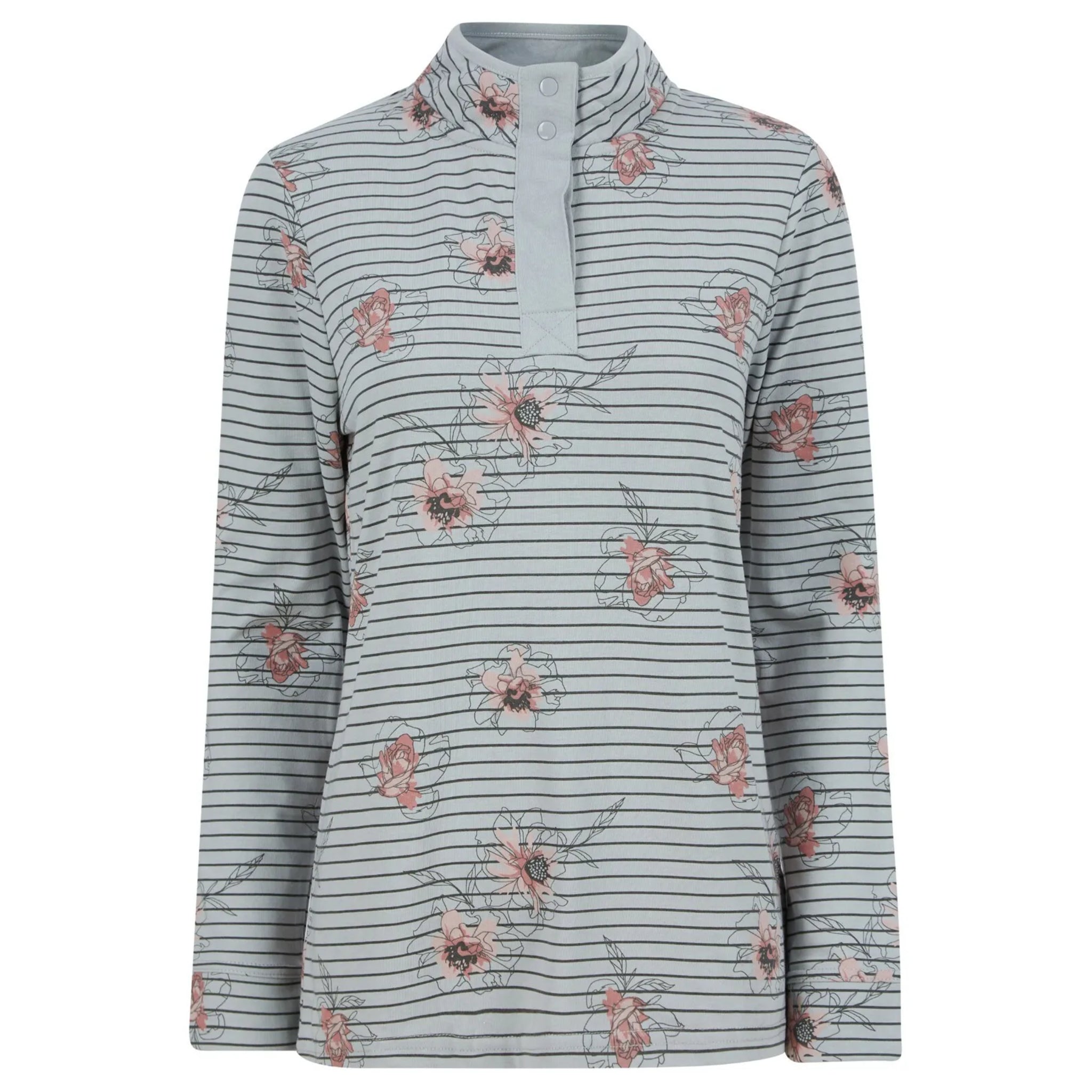 Women's grey long sleeve pullover with black stripes, floral print, and button-up stand collar.